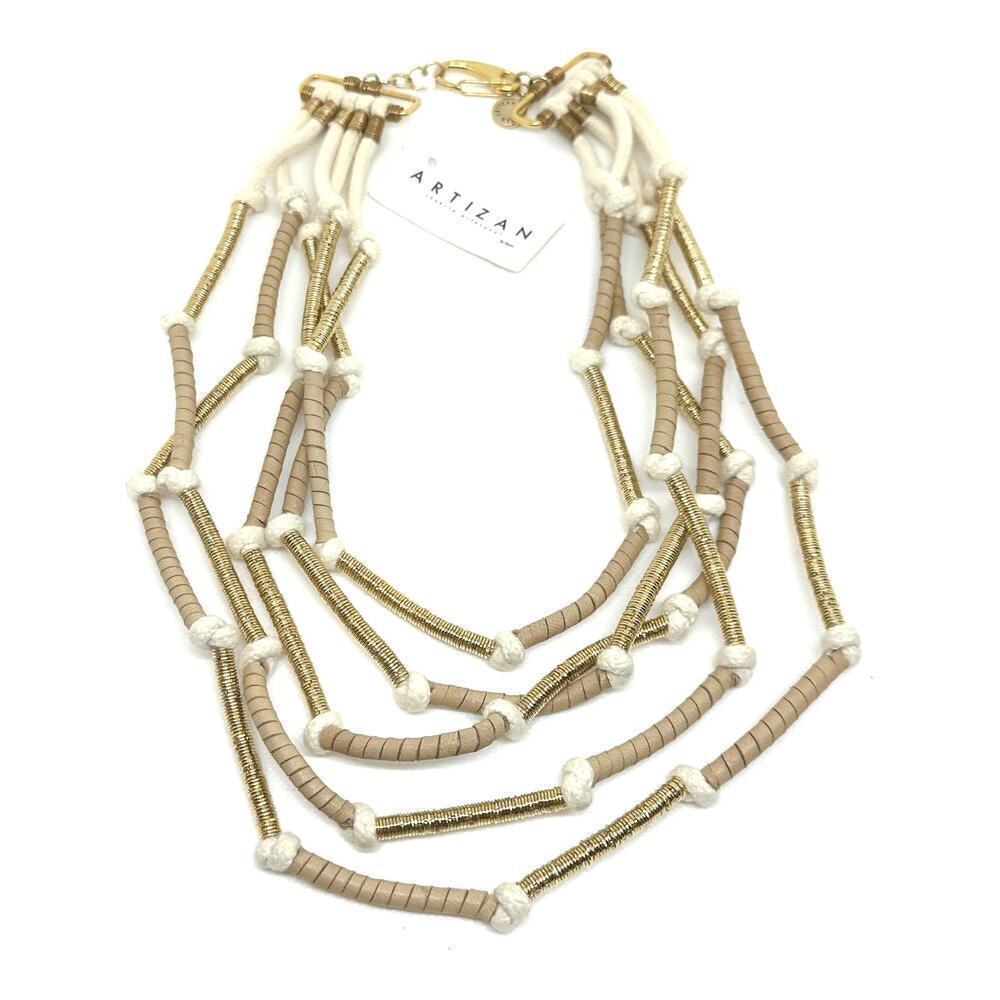 ARTIZAN Joyeria NWT Leather Gold Tone Multi Strand Bib Statement Necklace 22”